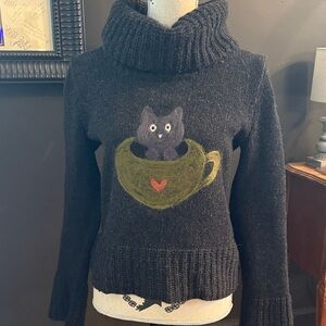 J Crew Cowl Neck Charcoal Grey Wool Handmade Needle Felting Cat Sweater